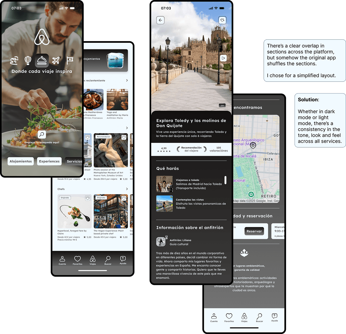 Group of redesigned app screens displaying harmonized layouts and consistent navigation for services, experiences, and accommodations. Includes annotated usability notes discussing section overlaps, simplified layouts, and the use of consistent tone and structure across all app services.