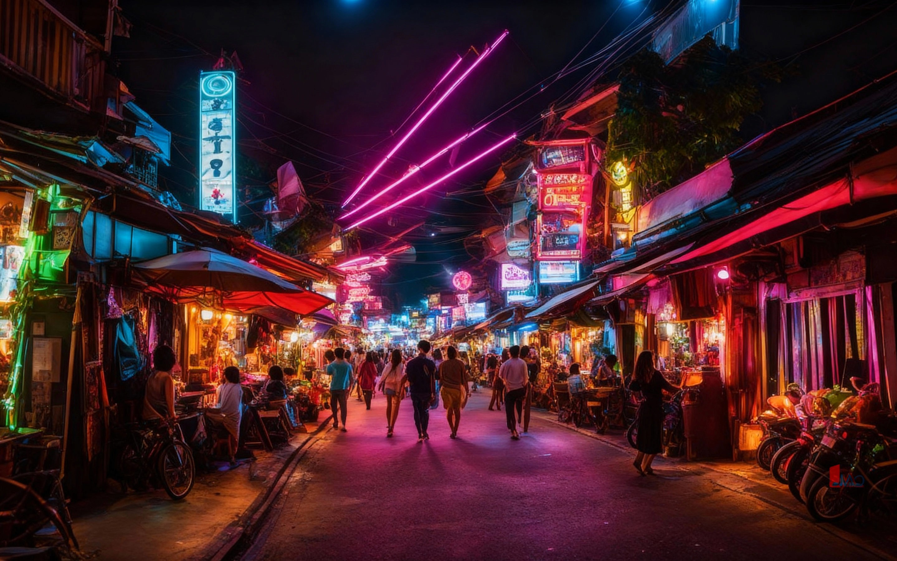 Vibrant nightlife scene on Loi Kroh Road in Chiang Mai, with colorful neon lights, crowded bars, street-side cafés, and people walking under glowing pink and blue signs at night.