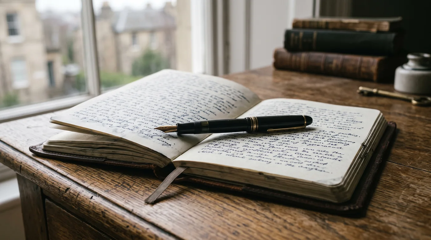 An open handwritten notebook with a pen on a wooden desk