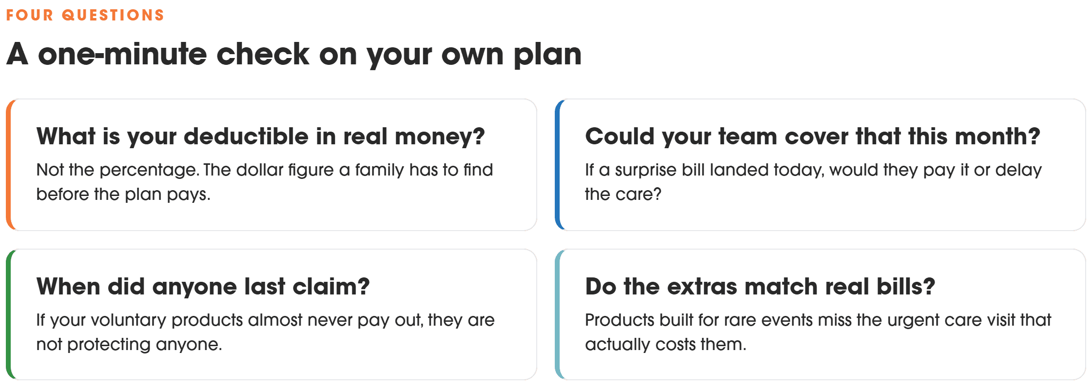 Four questions: your deductible in real money, whether your team could cover it this month, when anyone last claimed, and whether the extras match real bills