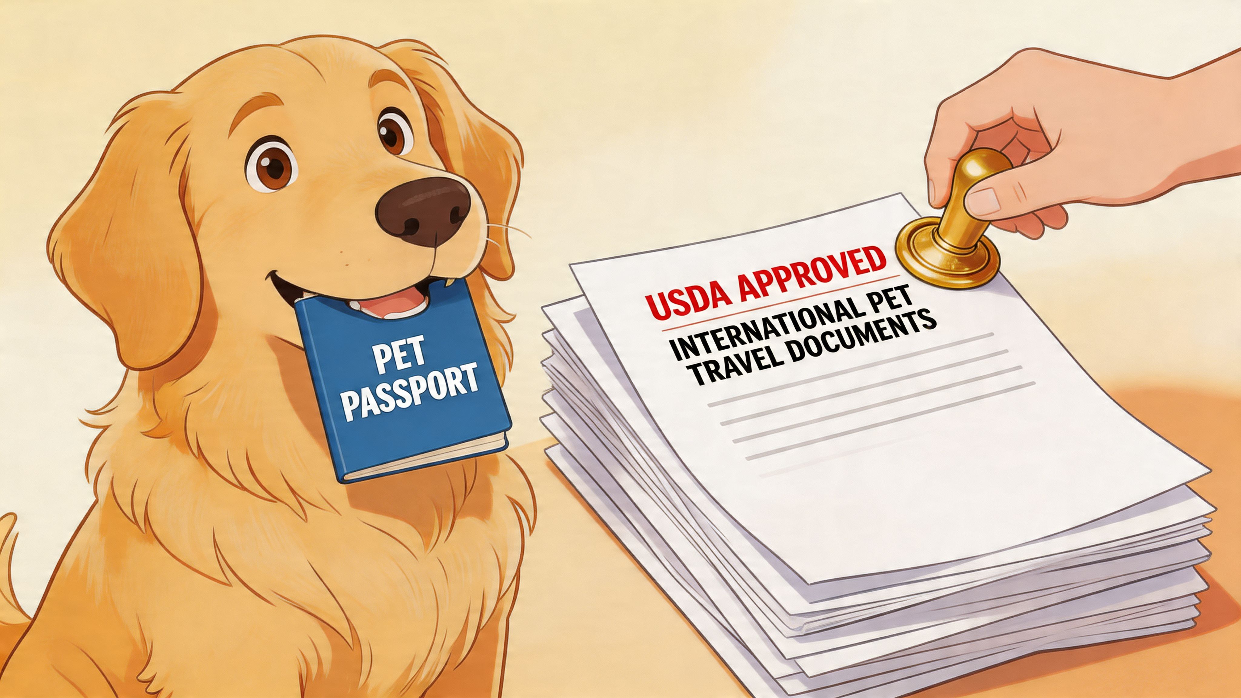 A golden retriever holding a blue pet passport next to stamped USDA approved international travel documents.