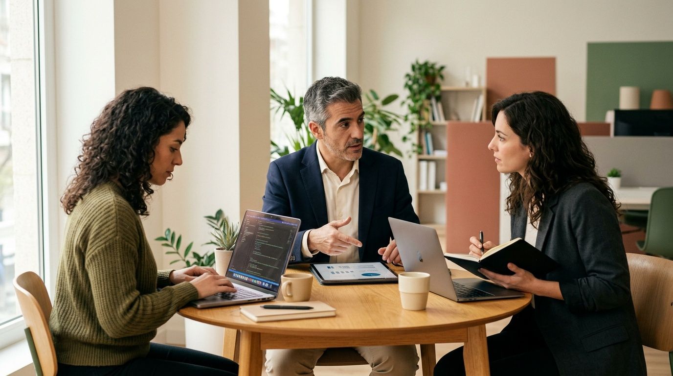 Tres colegas de negocios colaboran en una reunión de oficina, discutiendo y trabajando con laptops y una tablet en una mesa de madera.