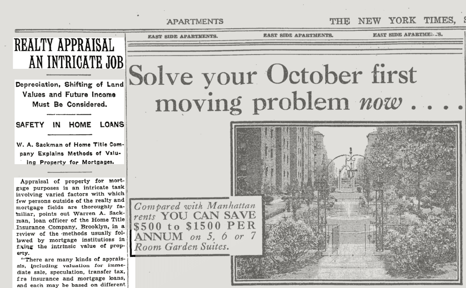 Image from the New York Times featuring an article "Realty Appraisal An Intricate Job"