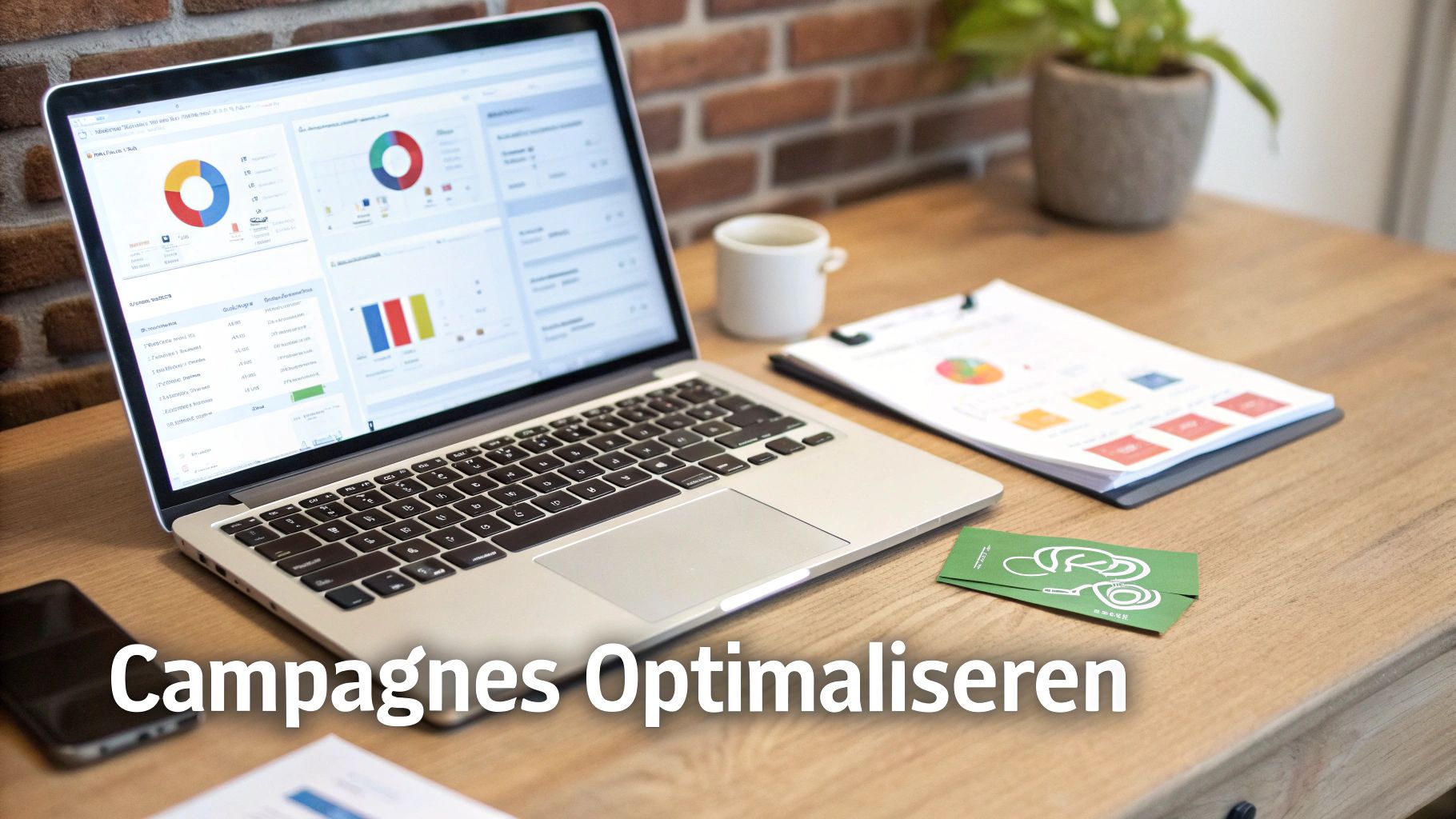 Een laptop met analysedashboards op een houten bureau, naast een document met grafieken en een kop koffie. Ideaal voor campagne-optimalisatie.