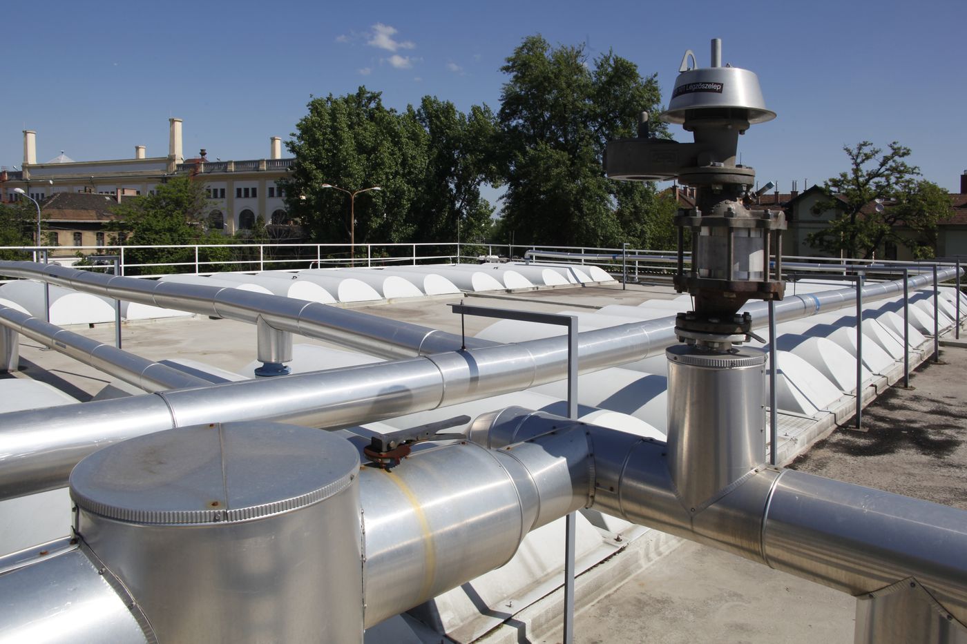 Biogas safety valve and insulated pipework on the Dreher brewery anaerobic reactor, Budapest, Hungary