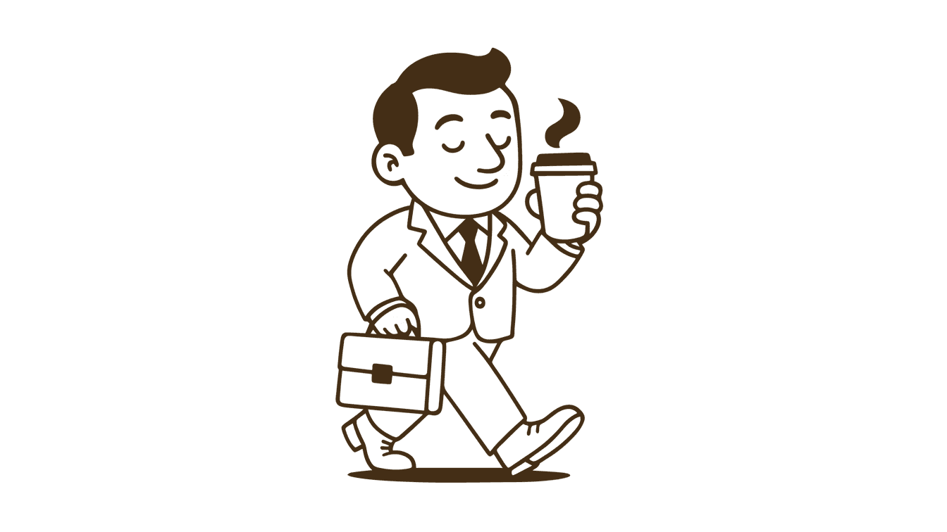 A cartoon-style character walking with a bag, holding a drink, wearing a suit and bowtie, smiling happily.