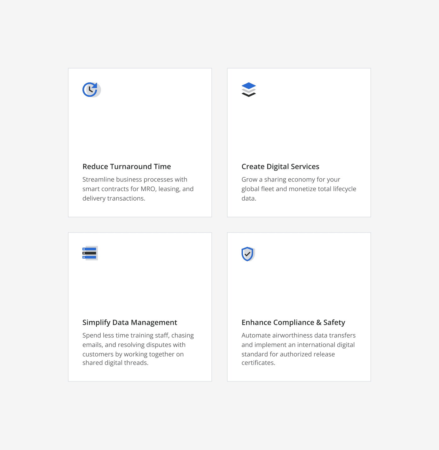Infographic showing Block Aero's core benefits: Reduce Turnaround Time, Create Digital Services, Simplify Data Management, and Enhance Compliance & Safety.