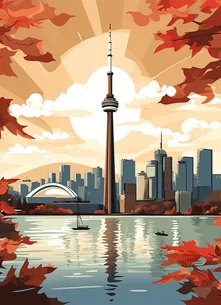 Graphic depiction of the CN Tower and Toronto skyline set against an autumnal backdrop with falling maple leaves, signifying Story Inventory's service for crafting stories in English or French, tailored for the Canadian market."