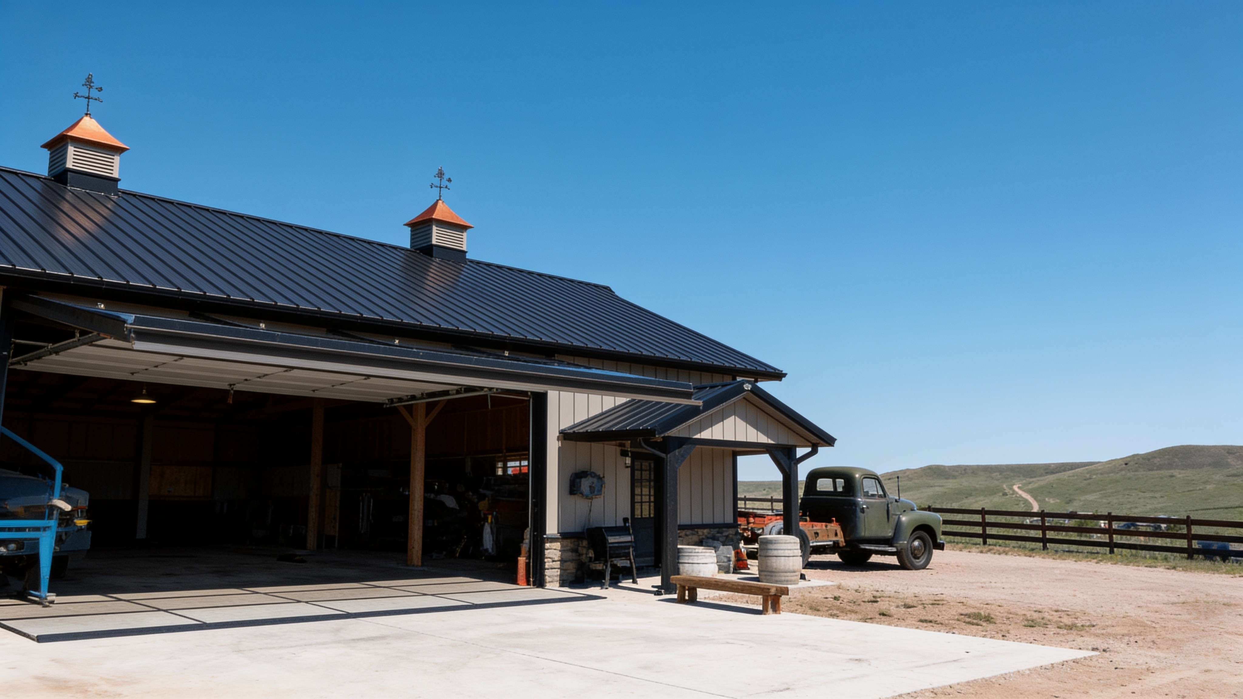 Interior of a hobby shop with a classic truck and open hydraulic glass door