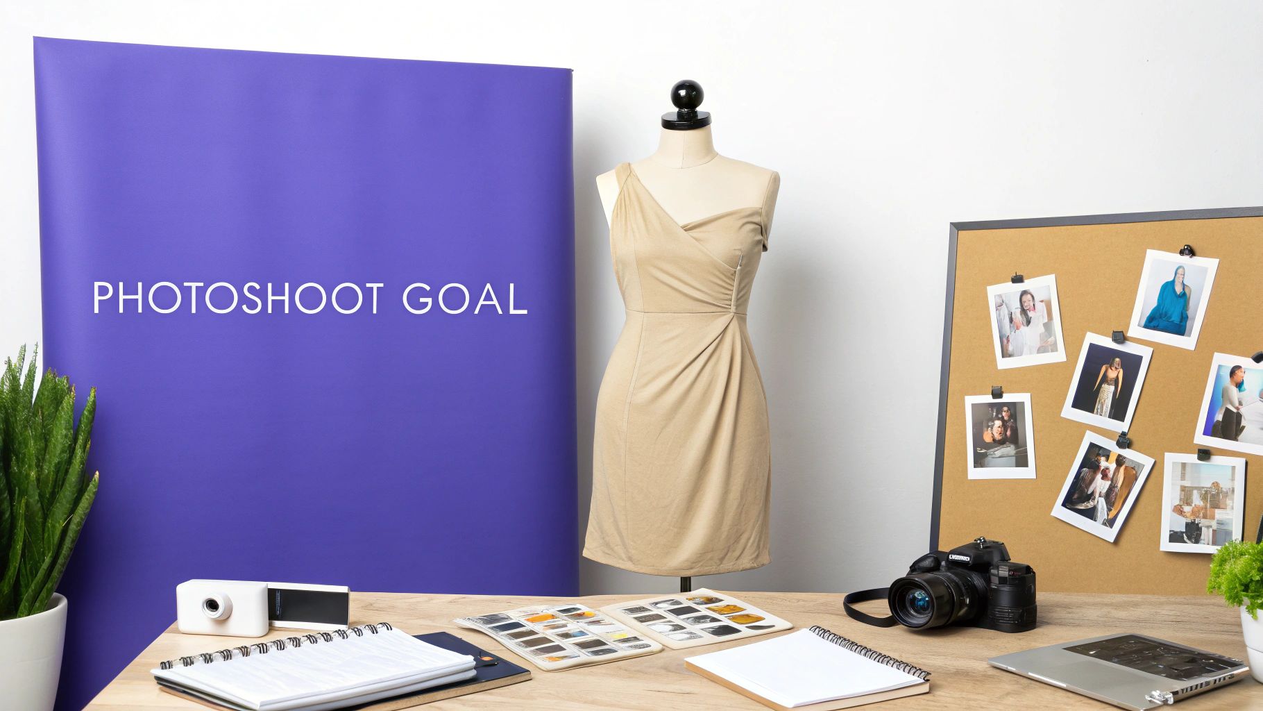 A creative workspace for a fashion photoshoot, featuring a dress on a mannequin, camera, and mood board.
