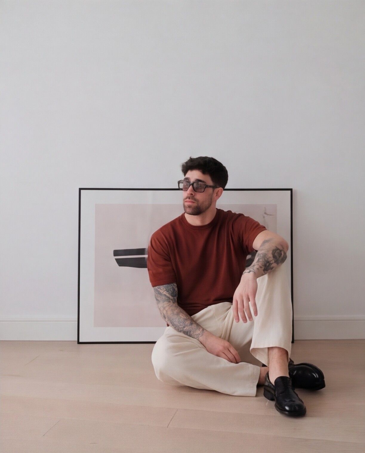 Rust Tee with Cream Wide-Leg Trousers