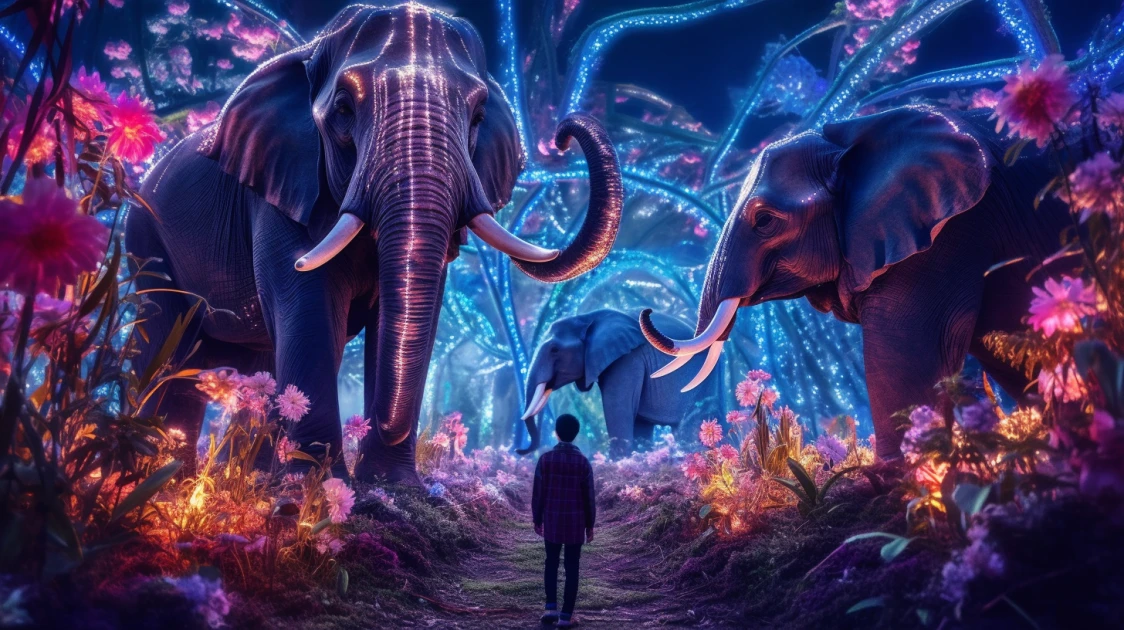 Illustration of a visitor among elephants in a glowing forest of blue trees and bright flowers.