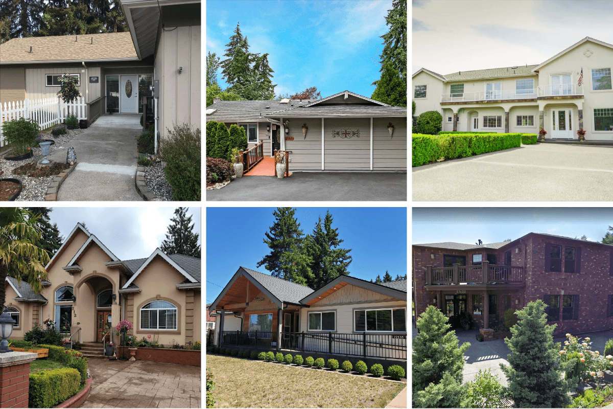 Collage of six adult family home entryways in Washington, each showing a unique and welcoming design that reflects the warmth and personality of the homeowners.