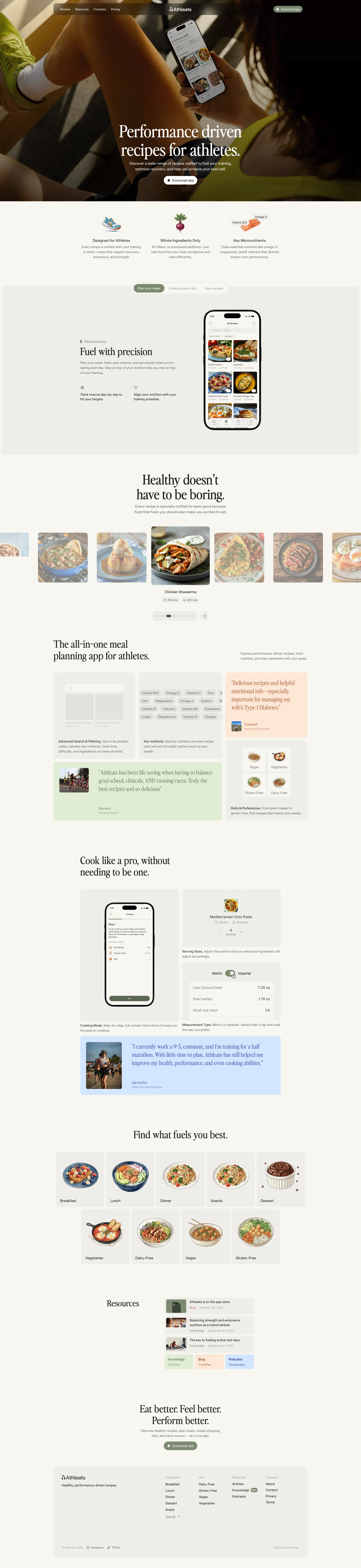 Athleats landing page screenshot showcasing Food & Drinks and Health & Fitness design