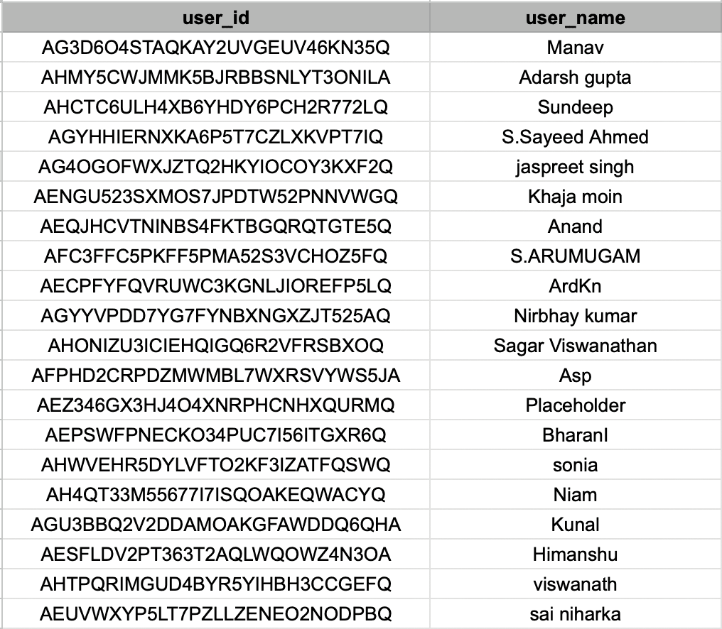 user one to one with their user_name and user_id