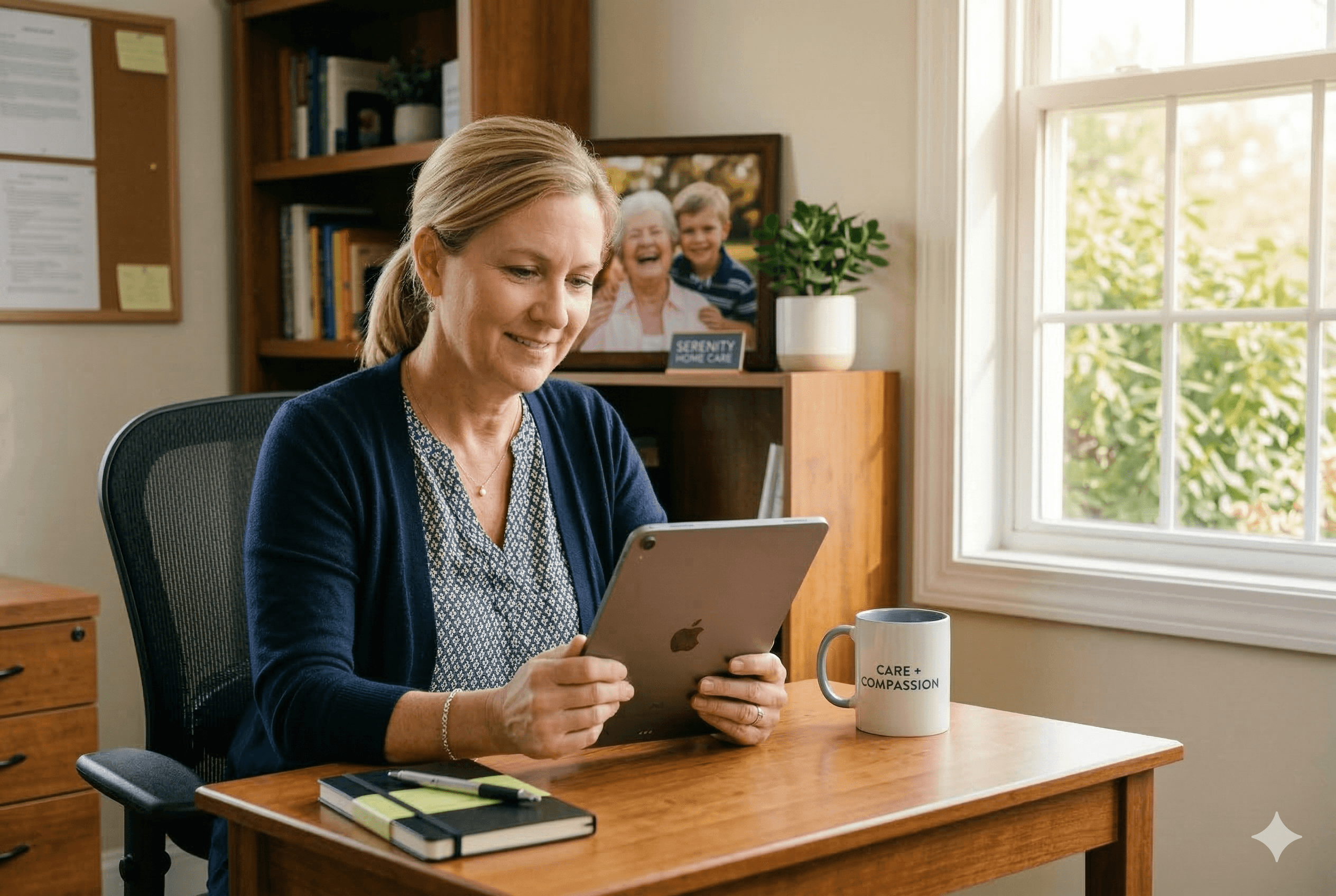 A home care agency owner sitting at a small office desk, looking focused and calm, reviewing a tablet showing a clean intake summary dashboard. Warm natural light from a nearby window. A coffee cup and a simple notepad on the desk. The room feels like a converted home office, professional but personal. Text on the screen reads "Follow-up ready to send." Shot on Fujifilm X-T4, aspect ratio 3:2.