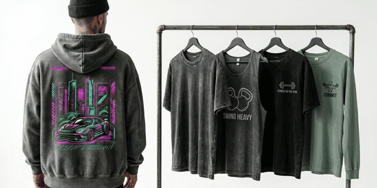 Man wearing a graphic hoodie beside printed T-shirts