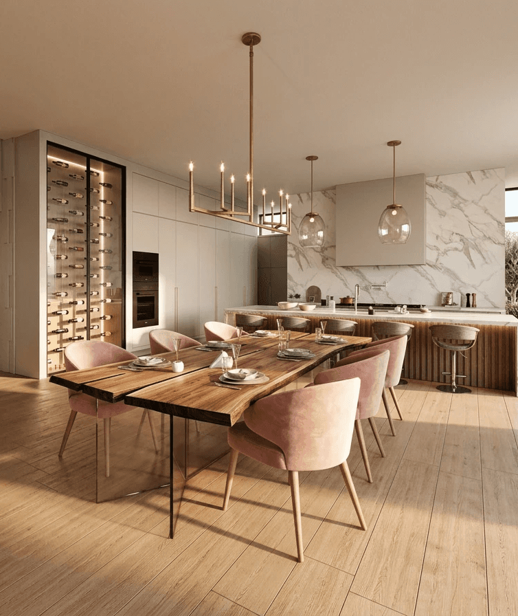 Modern luxury kitchen and dining room with marble finishes, custom wine display, and soft natural light.