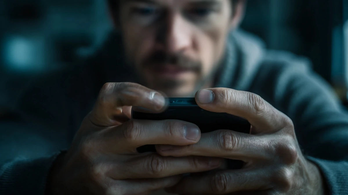 Close-up of hands holding smartphone with tense grip