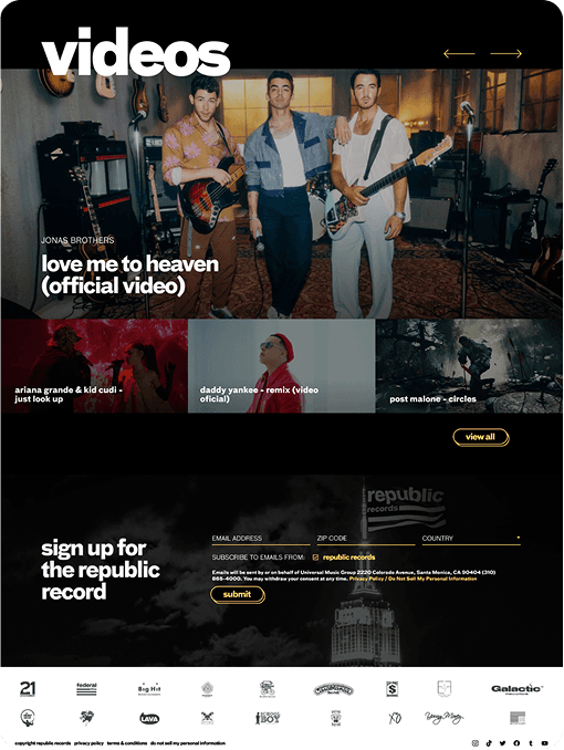 Screenshot of the videos section of the Republic Records website