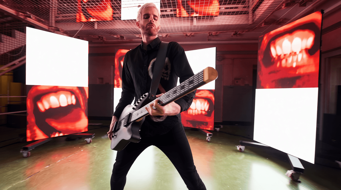 Woman in black sits on motorcycle, blue background.