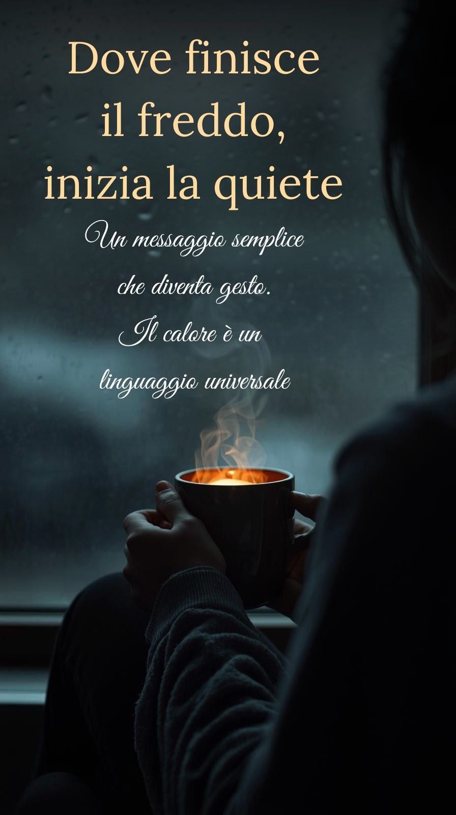 Tazza fumante davanti a una finestra, concept visivo sul passaggio dal freddo alla quiete.