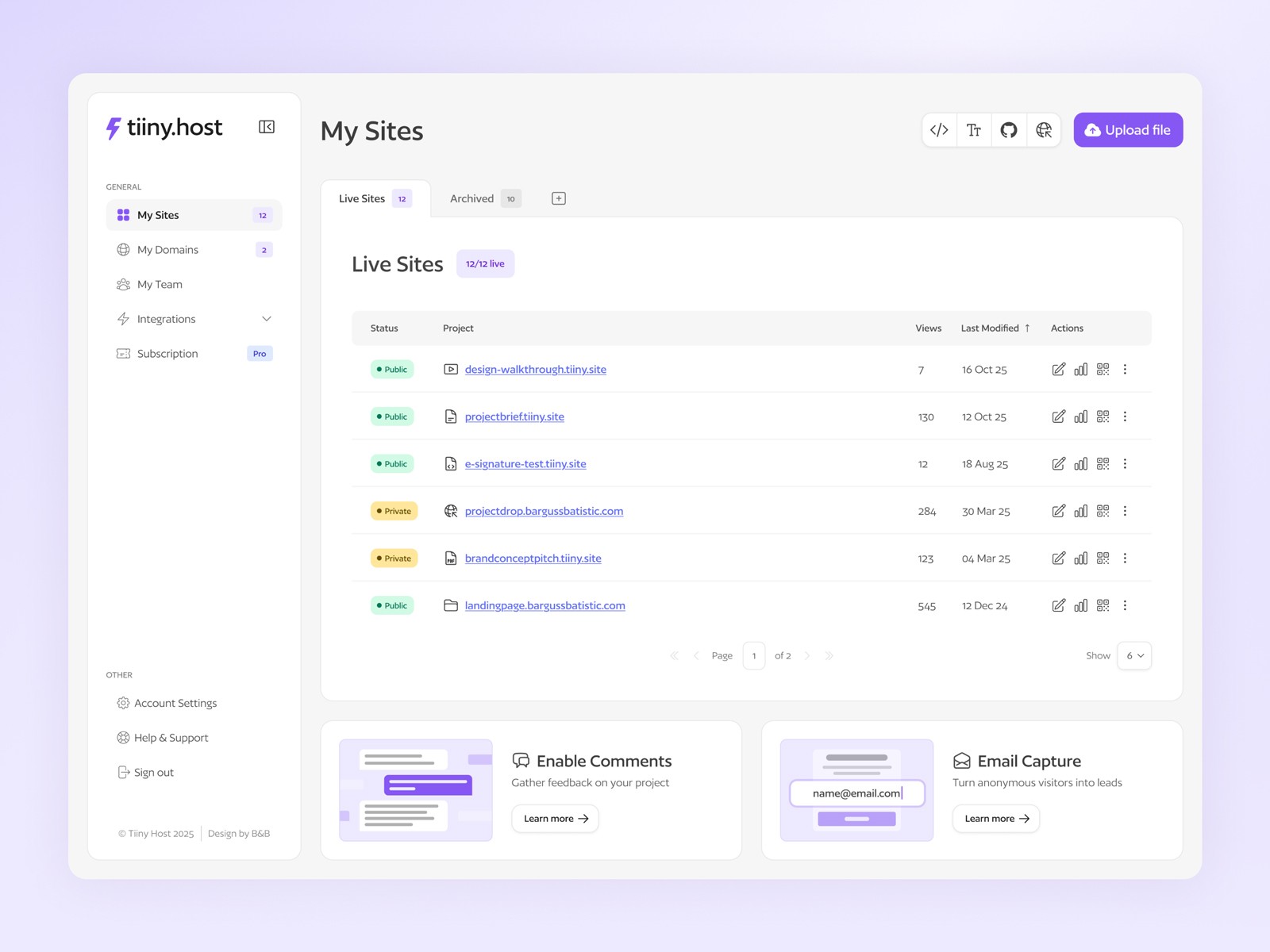 A user dashboard containing a sidebar menu, list of projects, and two feature cards