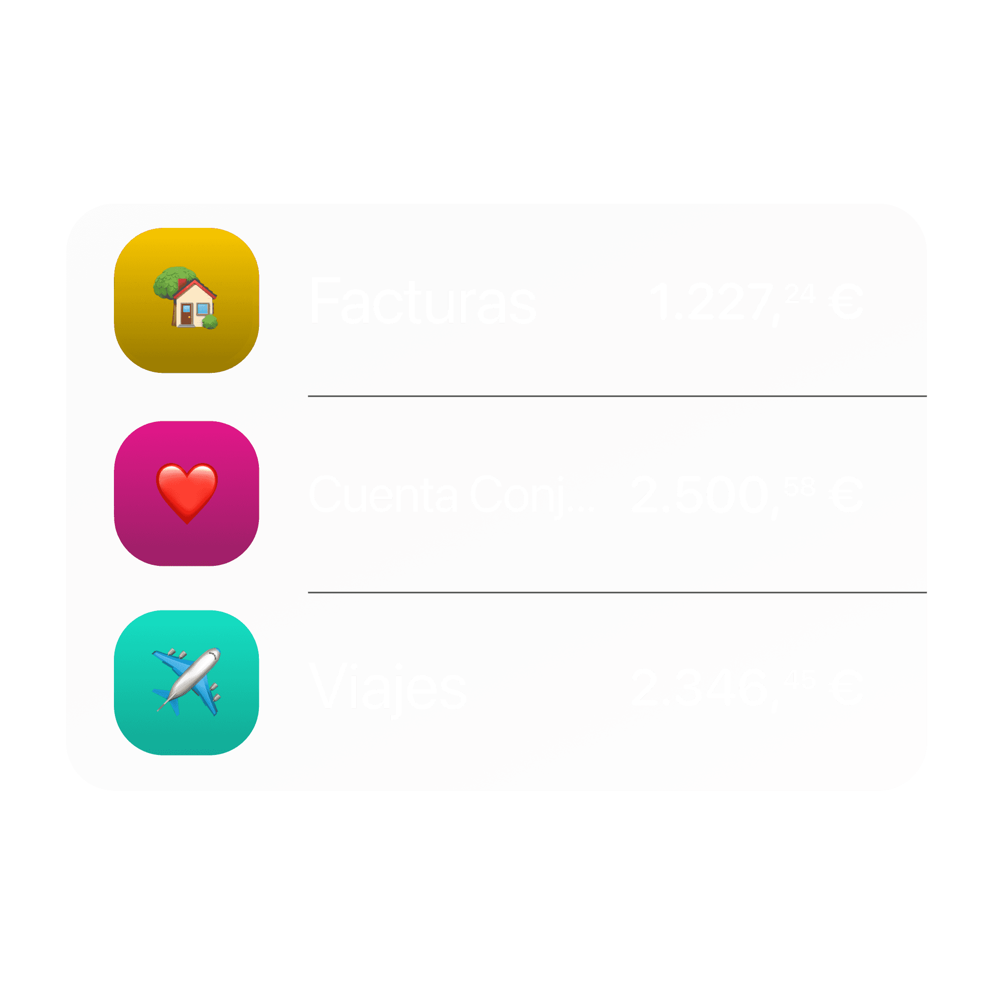 Lista de cuentas para ahorros, compartidas y viajes con saldos en euros en tarjetas de colores.
