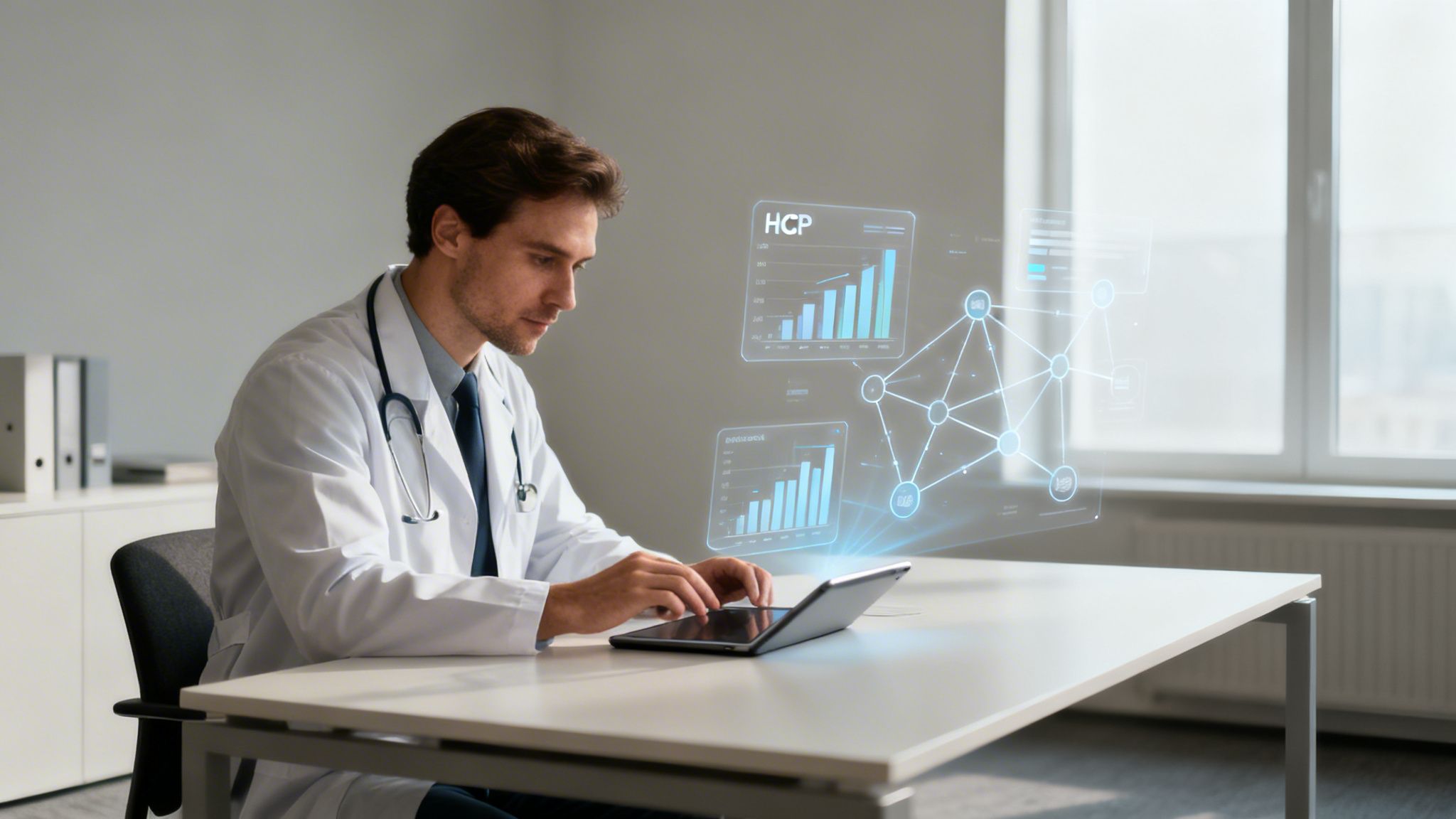 A doctor in a white coat and stethoscope reviews holographic medical data on a tablet in an office.