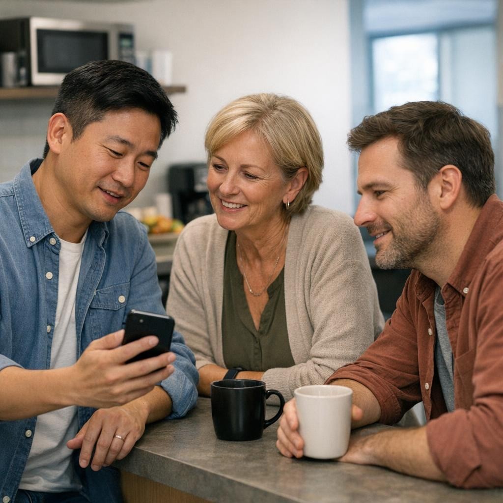 Two teammates smiling together while looking at a phone