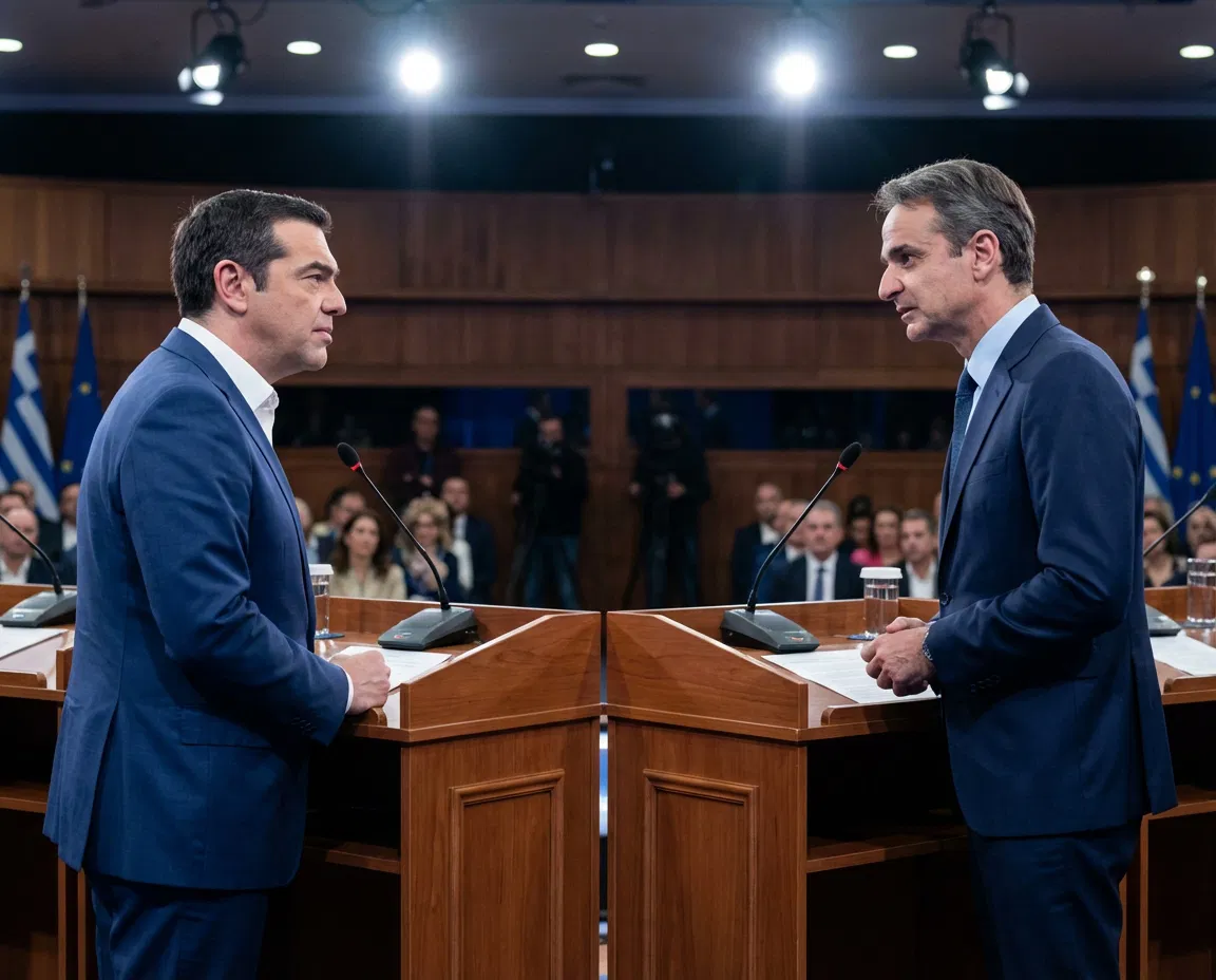 Alexis Tsipras and Kyriakos Mitsotakis in a political setting, symbolising their political rivalry.
