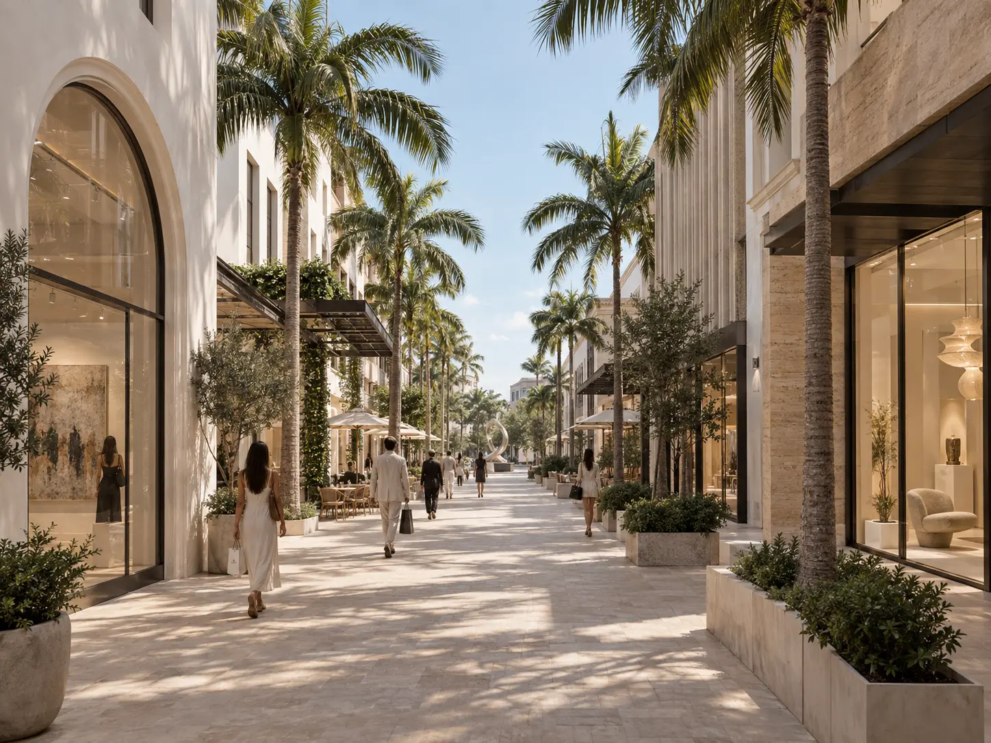 Sunlit pedestrian promenade lined with palm trees, boutique and gallery storefronts, café umbrellas and a sculpture in the distance, with shoppers strolling on stone paving