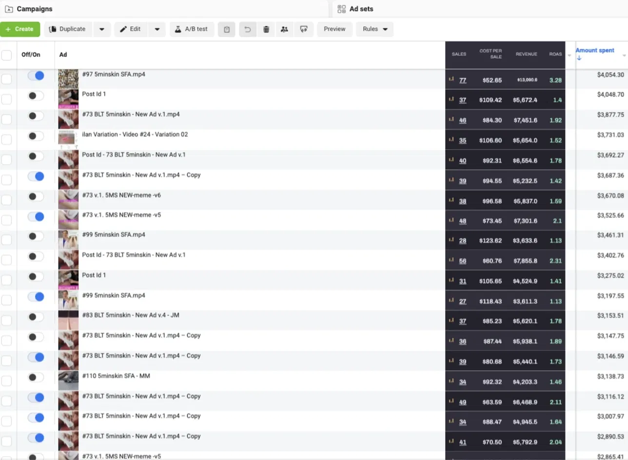 Meta ad campaign performance dashboard showing spend, ROAS and revenue metrics