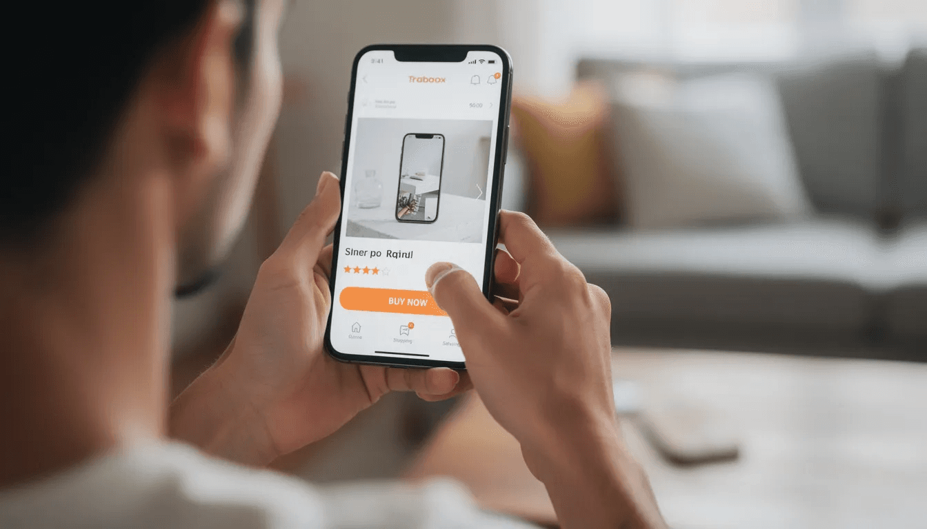 A person is holding a smartphone, browsing an online shopping app that displays a high-quality product image along with detailed product descriptions, enhancing the customer journey for online shoppers. This mobile experience is designed to encourage customers to make informed purchasing decisions and improve customer confidence.