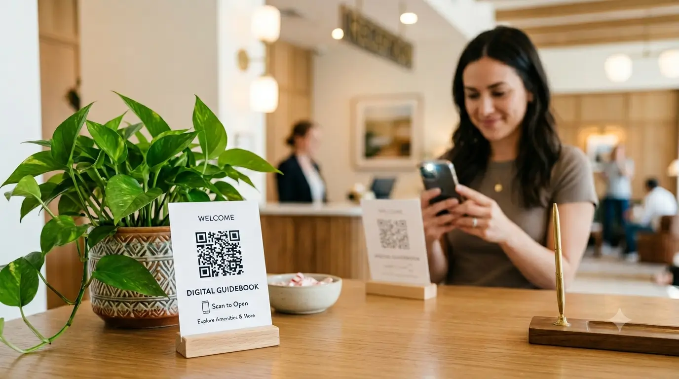 Guest scanning a QR code at a hotel front desk to open the digital guidebook