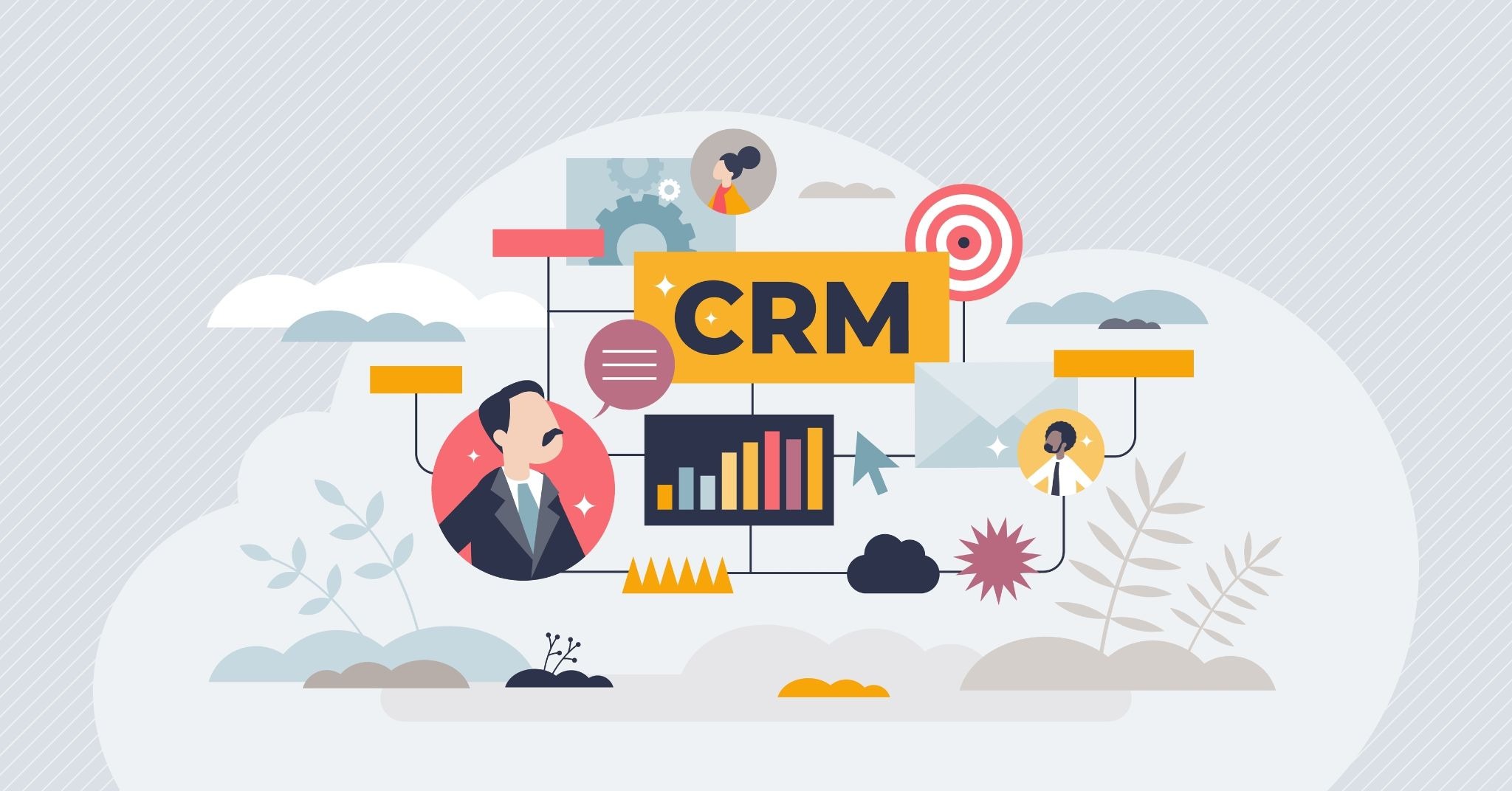CRM workflow illustration connecting contacts, analytics, and outreach in a centralized system