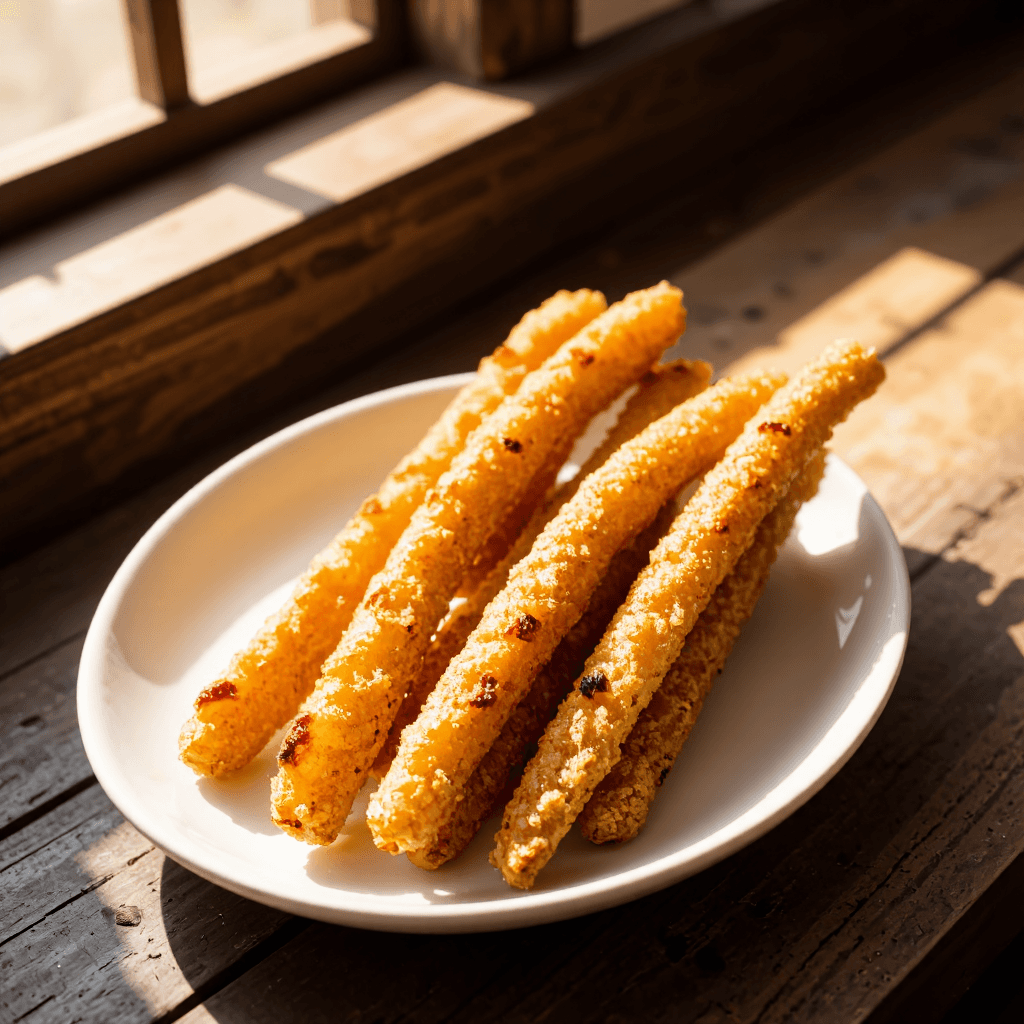 product photography of a plate of fried snack sticks