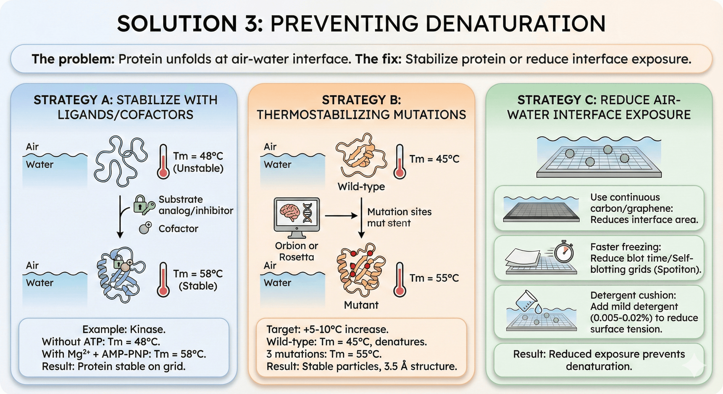 Diagram Explaining How to Prevent Denaturation for Cryo-EM Sample Prep