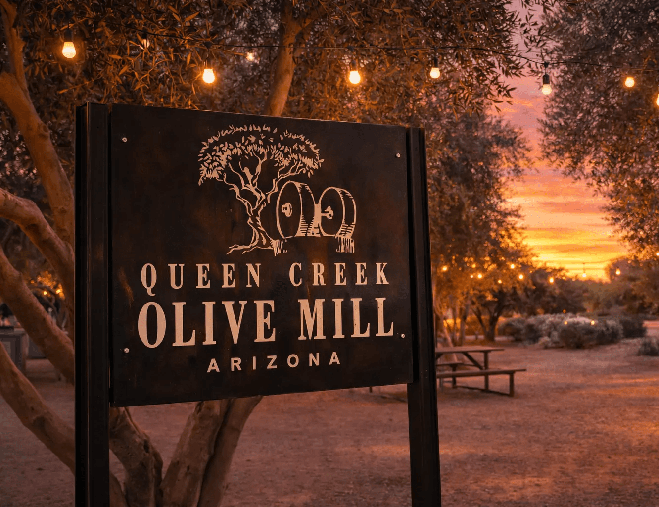 The iconic Queen Creek Olive Mill sign at sunset with bistro lighting.