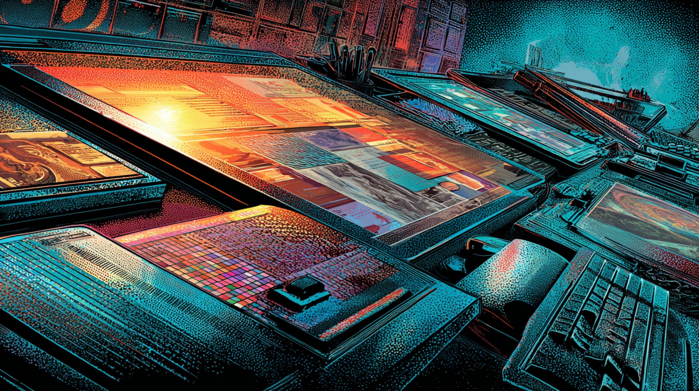 A half-finished design layout glows on a desk, its grids and color palettes alive with rhythm and light.