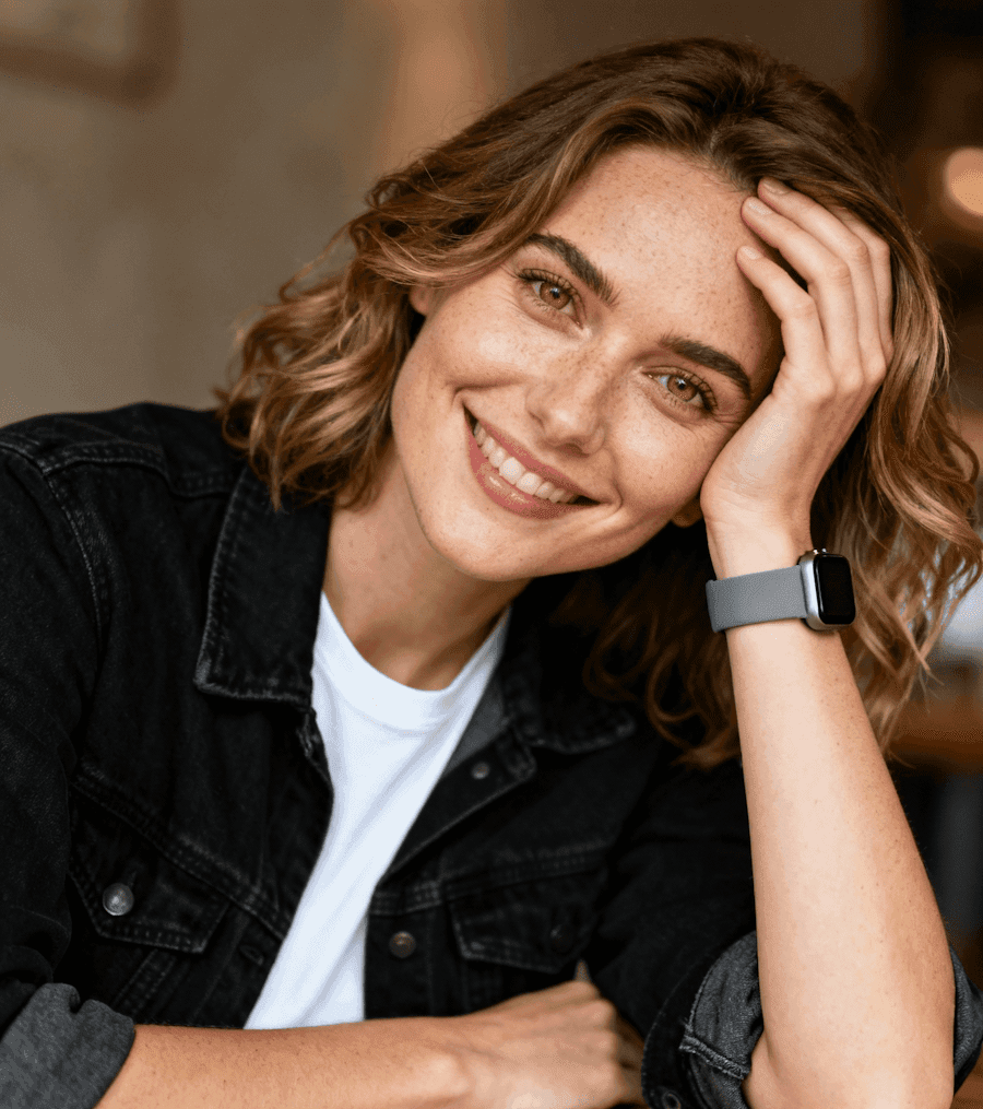  A woman smiling, dressed in a black shirt and jeans, exuding a cheerful and confident demeanor.