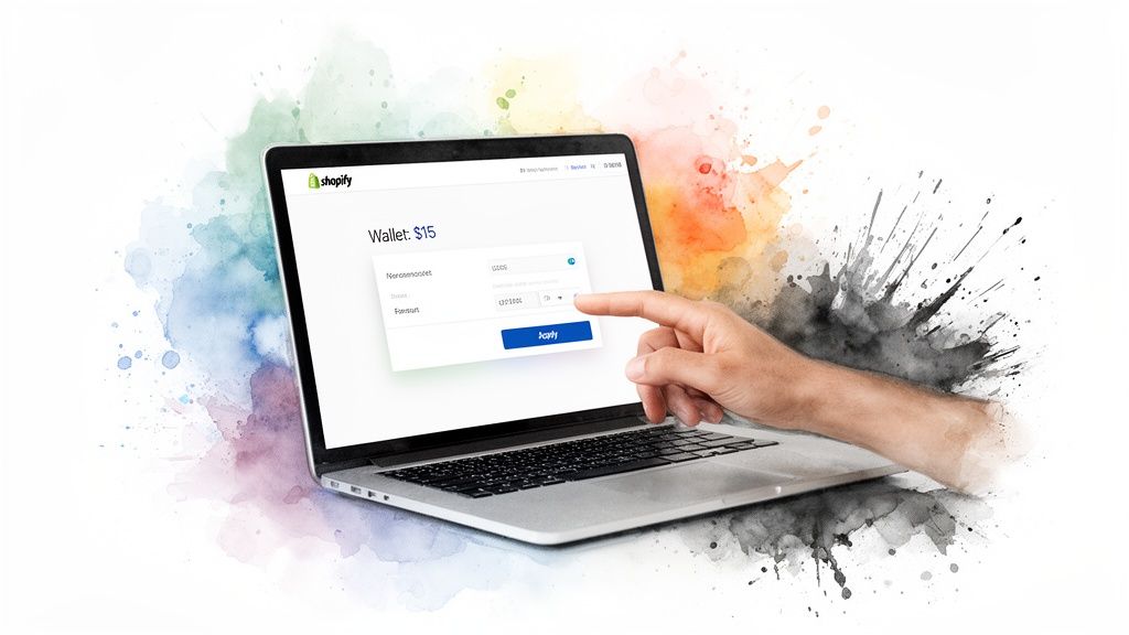 A hand interacts with a Shopify digital wallet interface on a laptop, showing a $15 balance and a form.