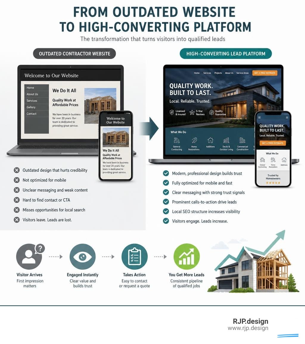 Infographic showing transition from outdated contractor website to high-converting lead generation platform infographic