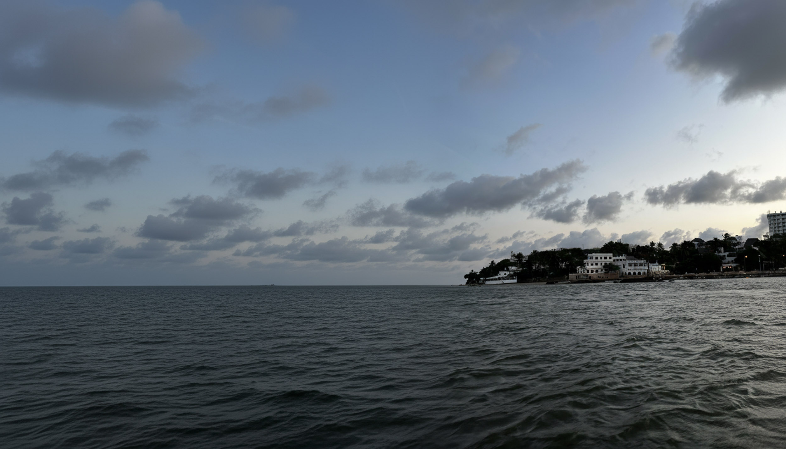 Ocean view of Swahili building in the distance.