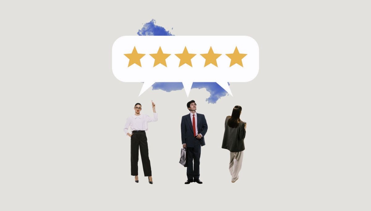 Illustration of three business professionals beneath five‑star rating bubble, symbolizing how to write a LinkedIn bio that gets noticed.