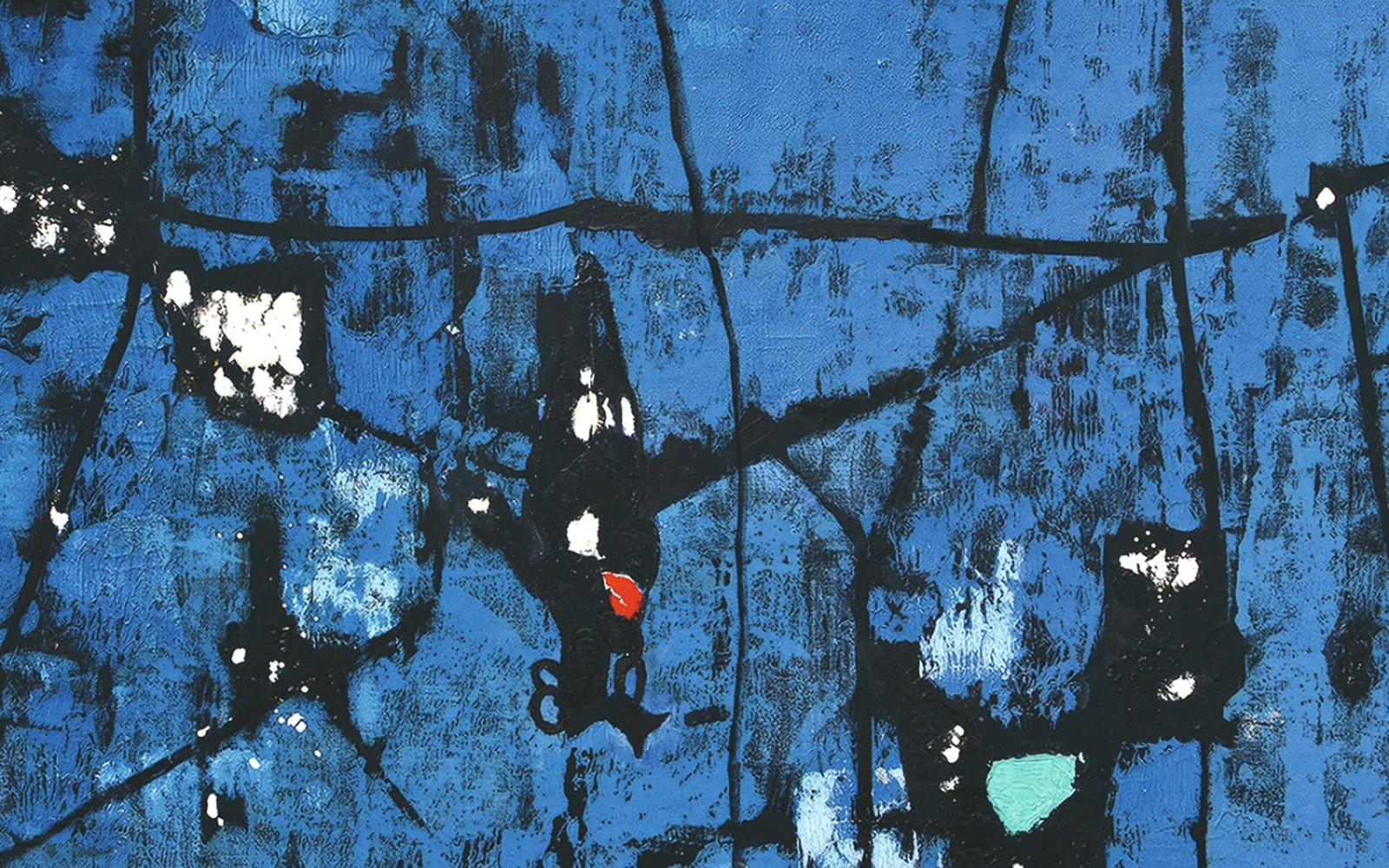 Pintura abstracta azul y negra con patrones geométricos en la Sala Recoletos de Fundación MAPFRE, Madrid.