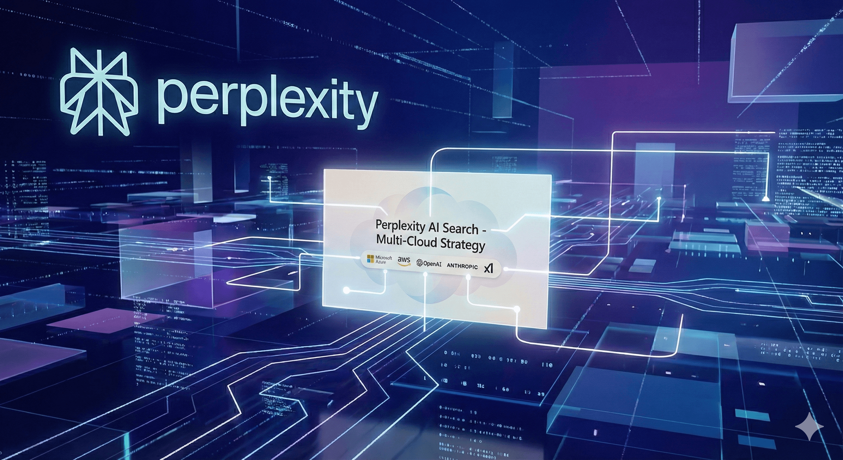 The image features a digital representation of Perplexity AI's multi-cloud strategy, showcasing a futuristic network design with a prominent Perplexity logo, illustrating the company's technological advancements and collaboration with platforms like Microsoft Azure.