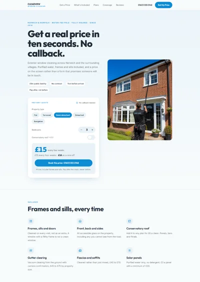 Window cleaning website template preview with price calculator and plans