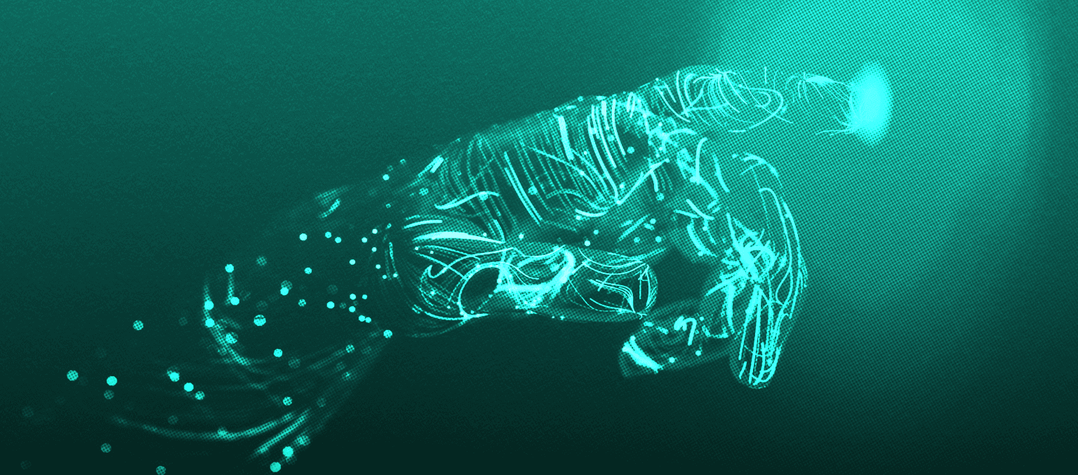 Abstract illustration of a digital hand made of data lines and particles reaching toward a light point, representing marketing automation, artificial intelligence, and data-driven technology.