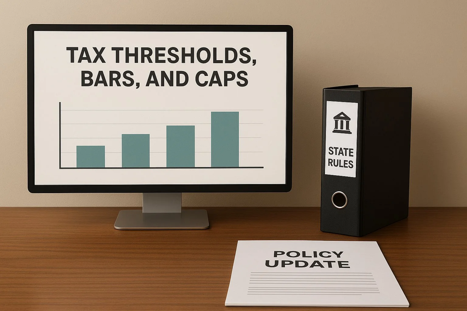 Monitor showing changing tax thresholds, bars, and caps, with a binder labeled “State Rules” and printed policy updates beside it.
